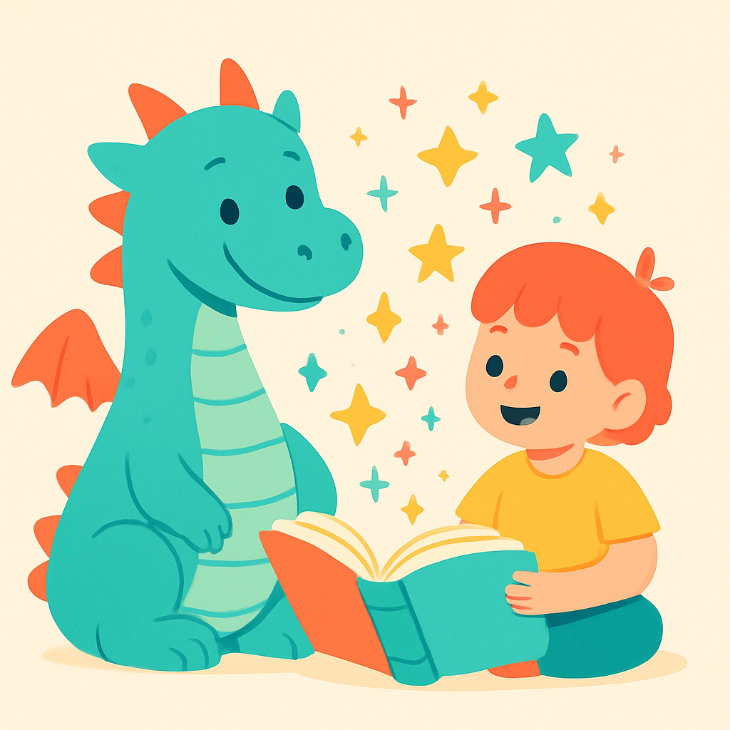 An open storybook with a friendly dragon and a child reading together